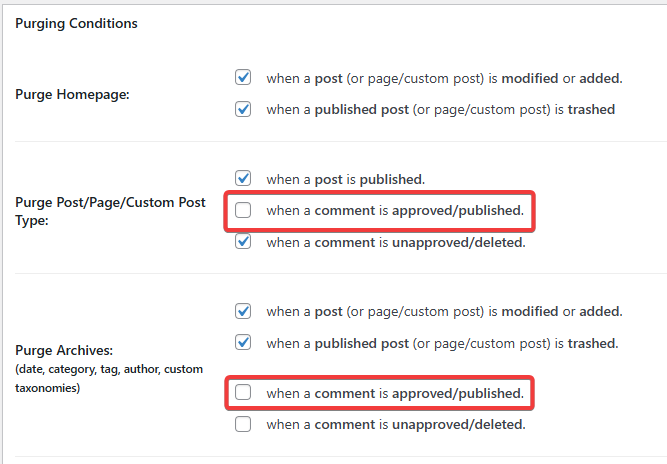 Nginx Helper settings with ‘purge on comment approved/published’ disabled