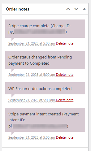 WooCommerce order notes showing Stripe and WP Fusion notes